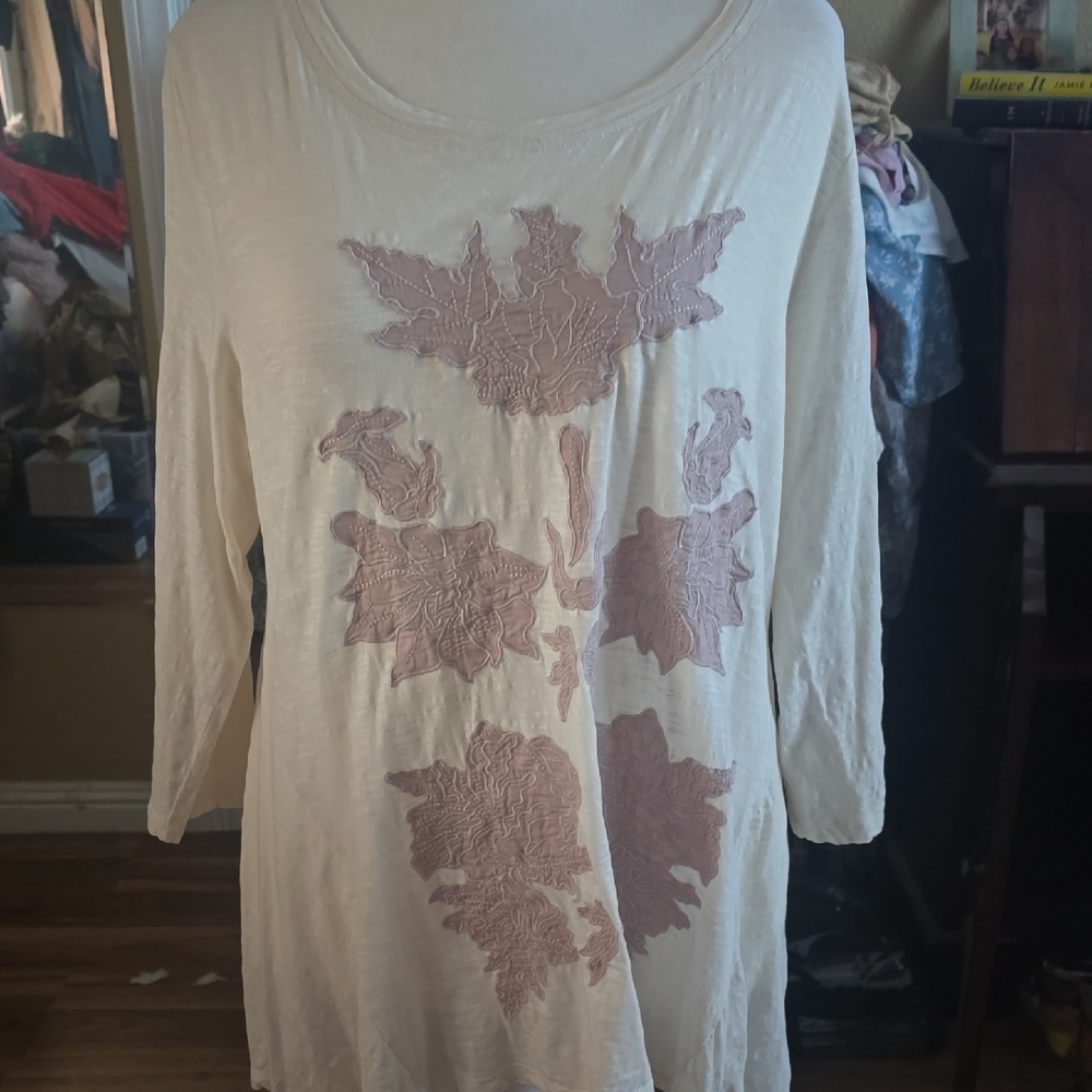 LOGO by Lori Goldstein Cream Blouse with Pink Floral Accents